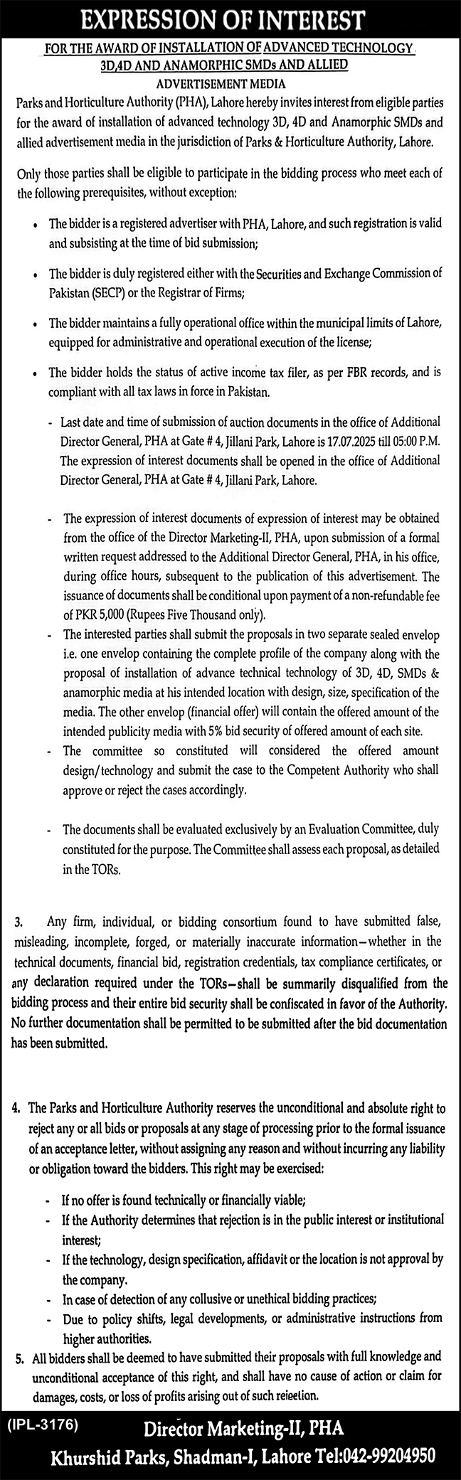 Parks & Horticulture Authority Lahore Tender Notice